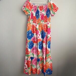 1-2X floral summer maxi dress womens 1x 2x off shoulder vacation beach smocked